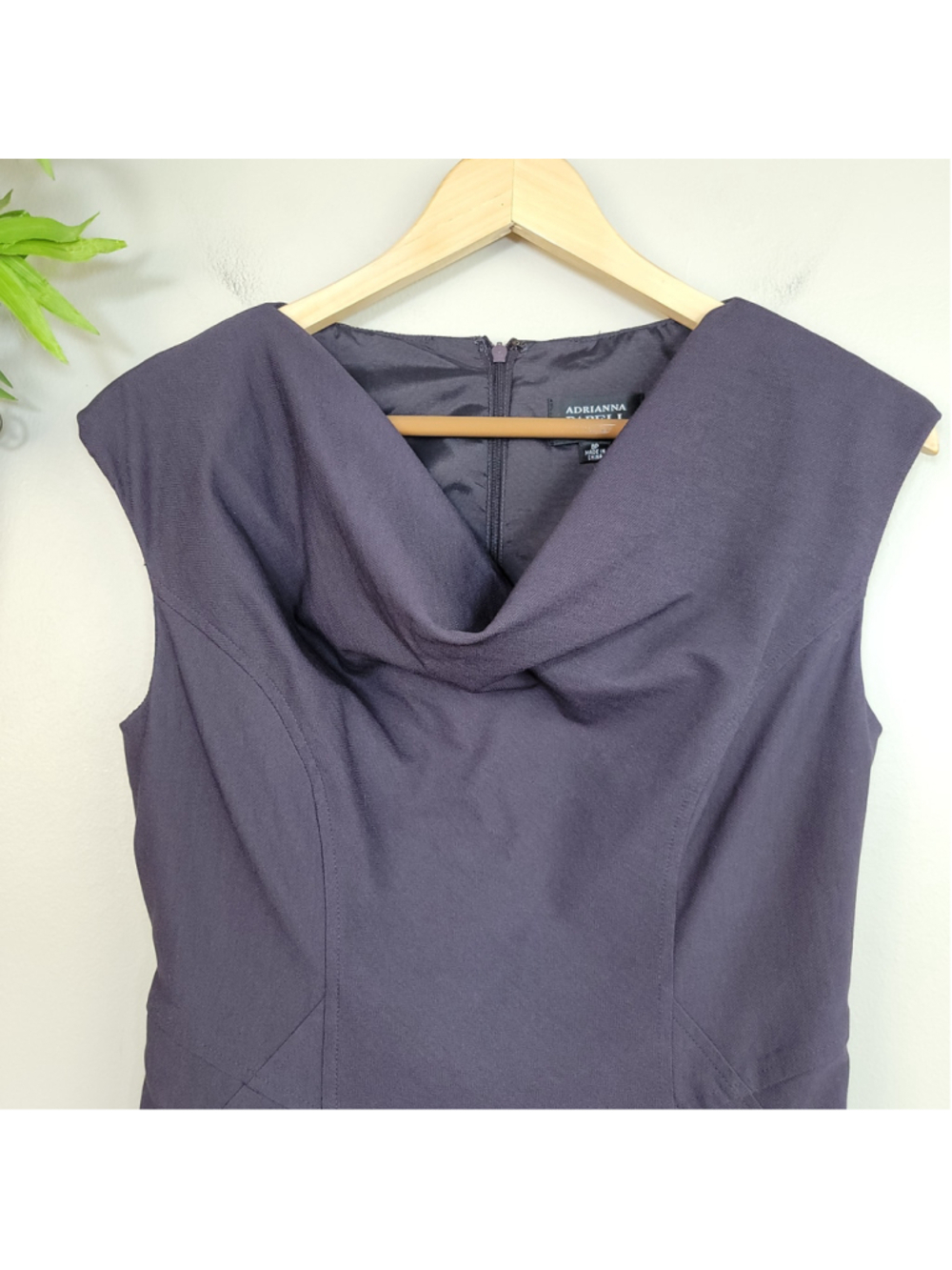 Adrianna Papell 8P Draped Cowl Neck Sheath Dress Purple Sleeveless Midi Stretchy - Picture 2 of 10